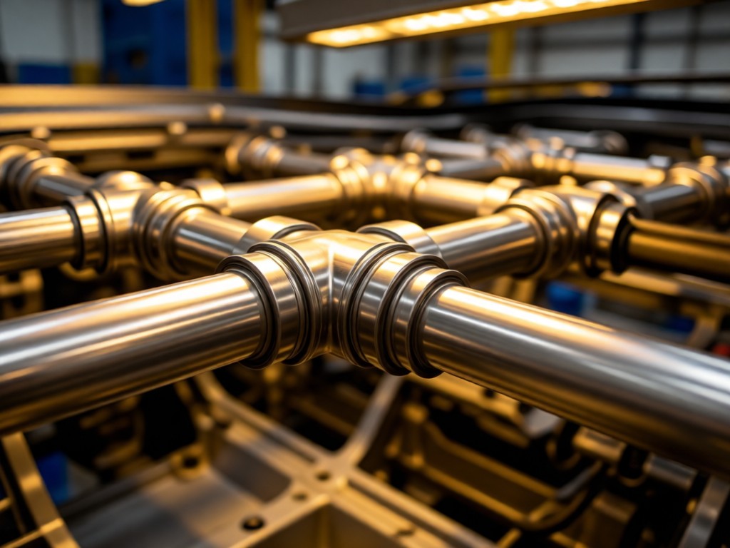 Industrial lighting illuminating complex tube assemblies in an automotive chassis. Shallow depth of field focuses on welded joints. Warm ambient light creates metallic highlights. No people.