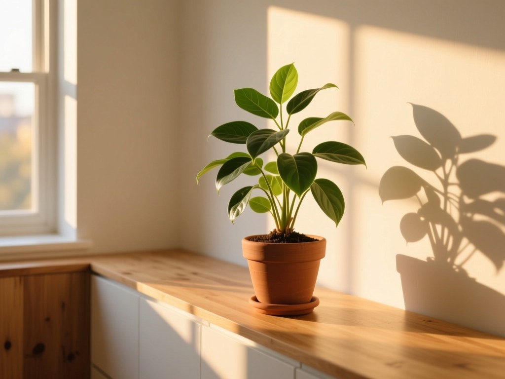A thriving potted plant in a spotless sunlit room during golden hour, symbolizing growth and pristine results, soft shadows, natural wood and white surfaces.