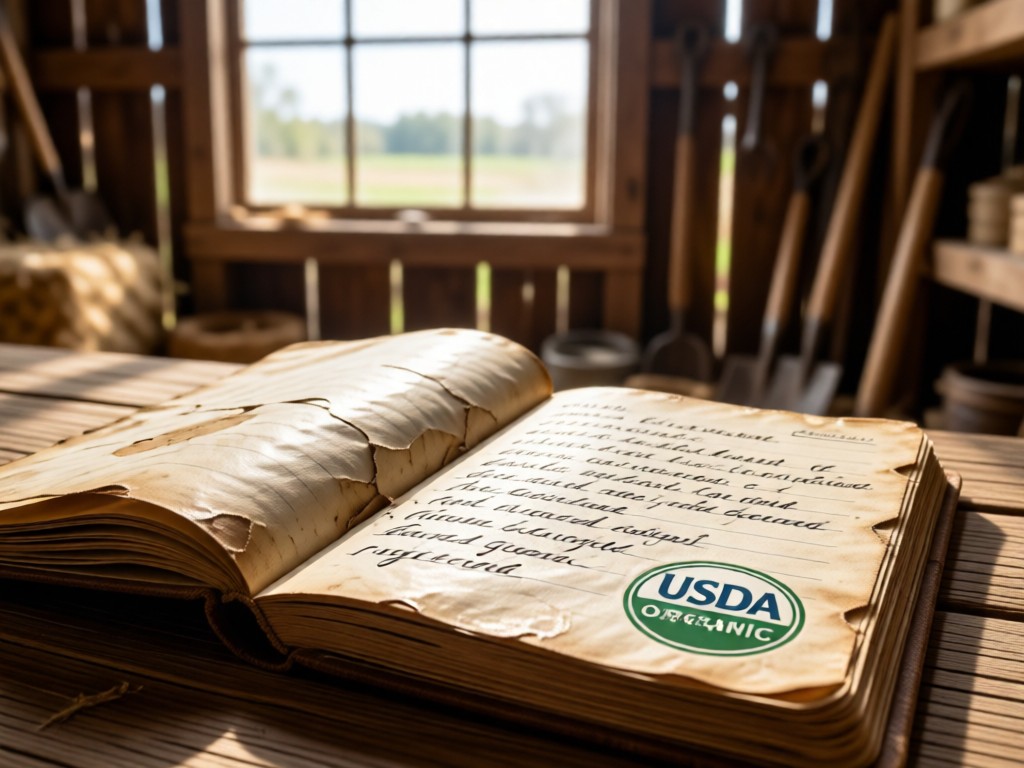 A weathered journal open to handwritten crop notes beside USDA Organic seal. Natural light through barn window, farming tools blurred in background. Authentic textures. No people.