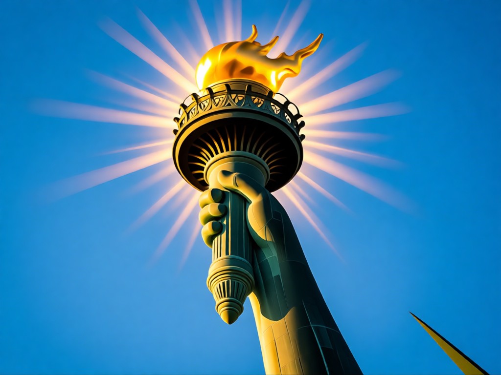 Low-angle shot of the Statue of Liberty's torch against clear blue sky at sunset. Golden light flares around the torch, symbolizing guidance and freedom. No people visible.