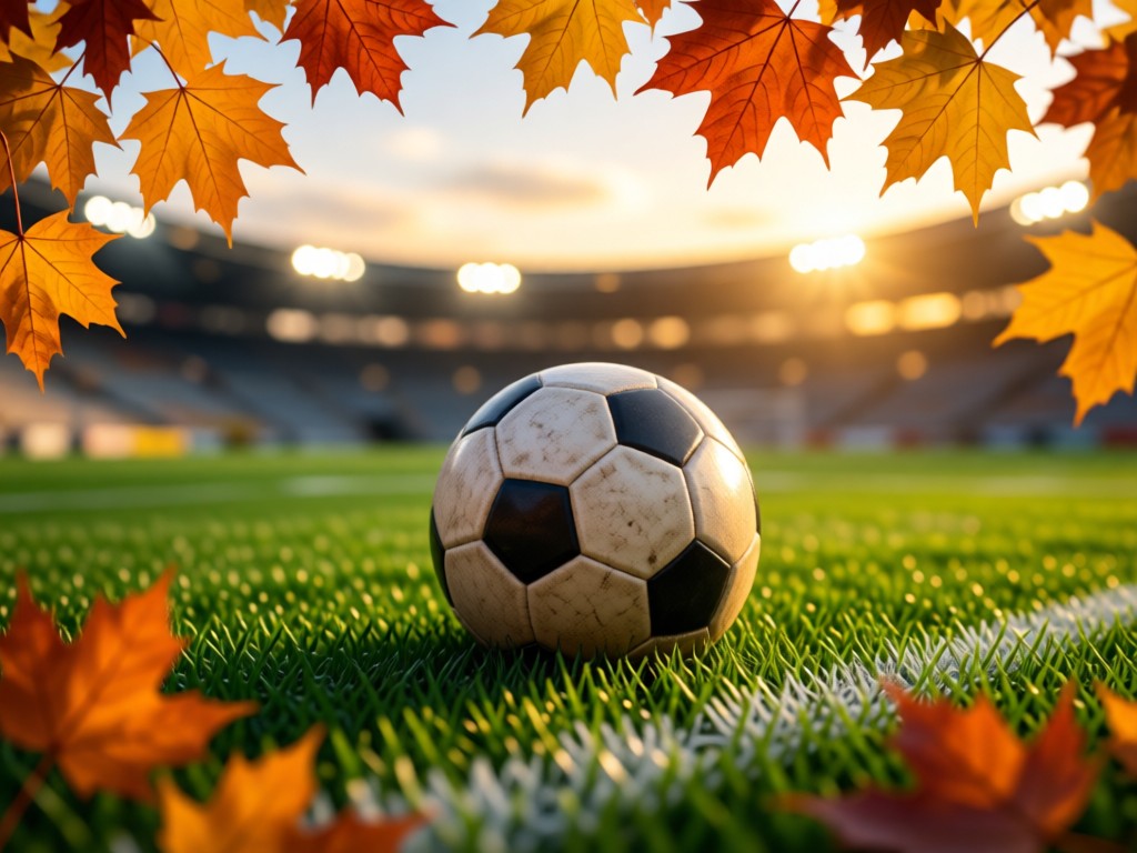 A football resting on a green field with stadium lights blurred in the distance. Crisp autumn leaves frame the foreground. Golden hour lighting emphasizes texture. No people.