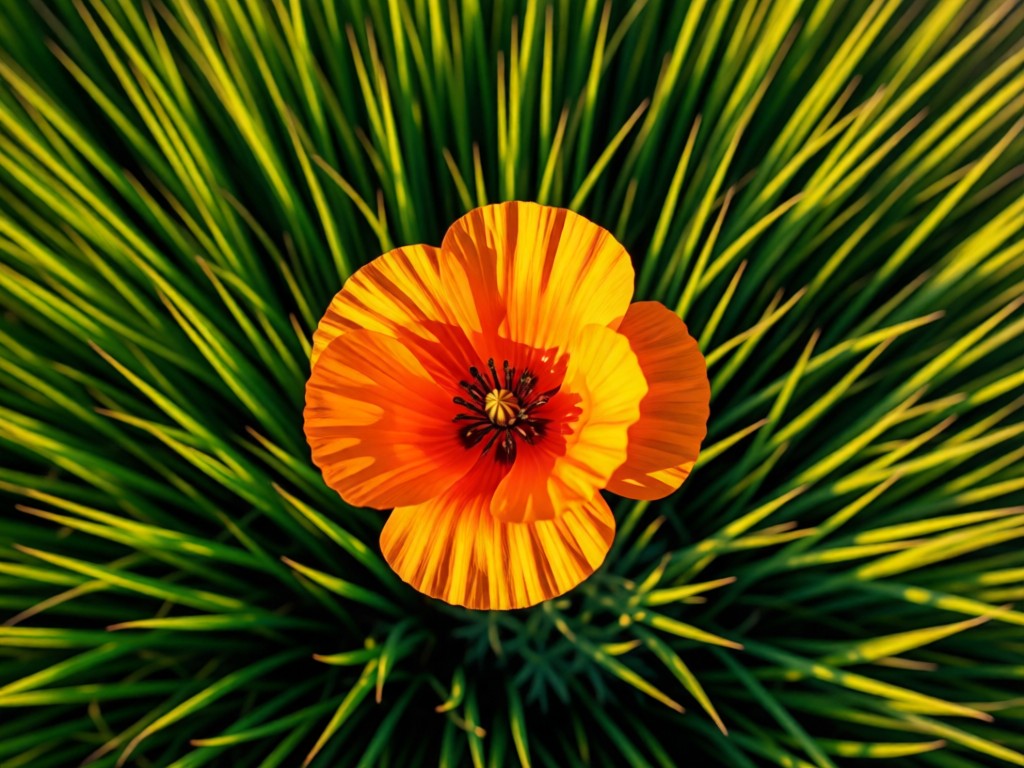 An aerial view of a single vibrant orange poppy blooming in a Norco field during golden hour. The flower stands out against green grass, symbolizing local artistry. No people.