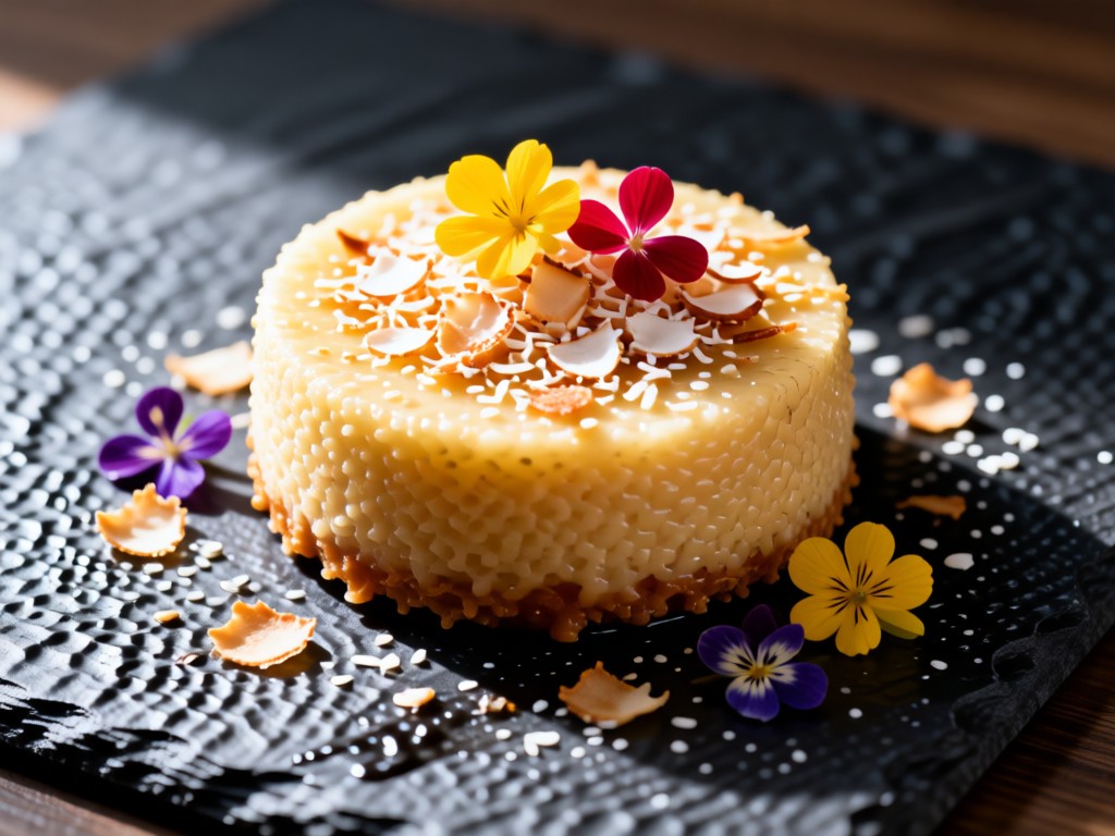 Close-up of a perfectly plated tembleque coconut dessert on textured slate. Garnished with toasted coconut flakes and edible flowers. Soft side lighting creates mouthwatering highlights. No people.