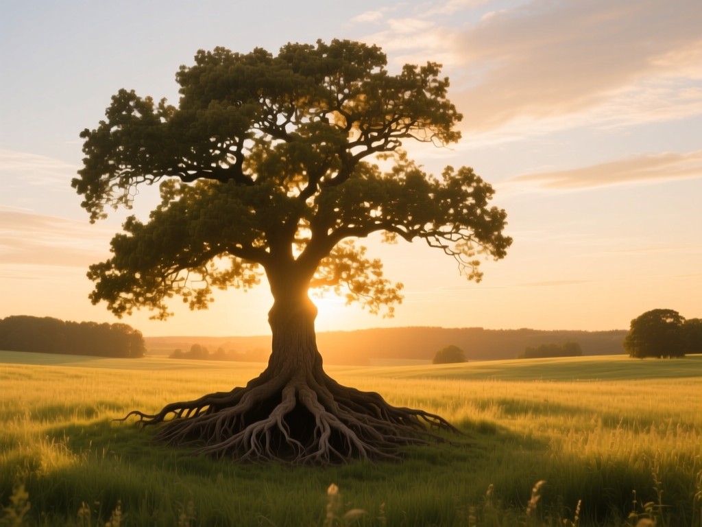 A single oak tree with deep roots in a sunlit meadow at golden hour, symbolizing academic growth and stability, warm glow, expansive sky, natural color palette.