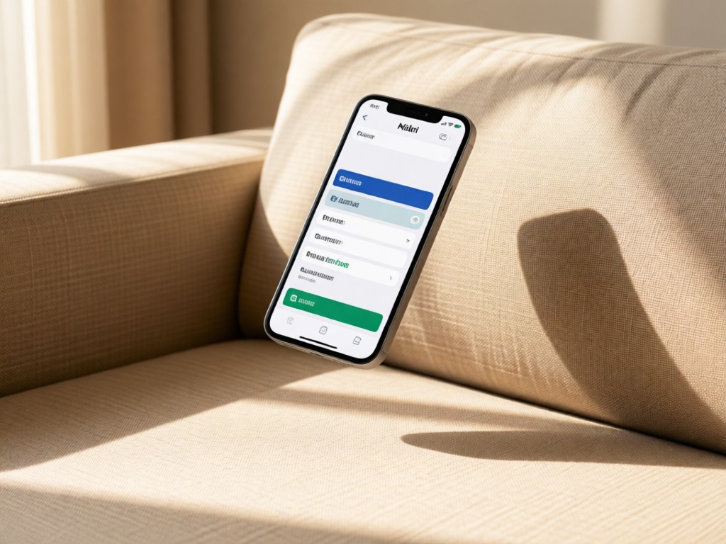 A smartphone floating above a Nitori sofa, screen showing clickable product tags. Soft shadows on a linen upholstery texture. Warm minimalist aesthetic.