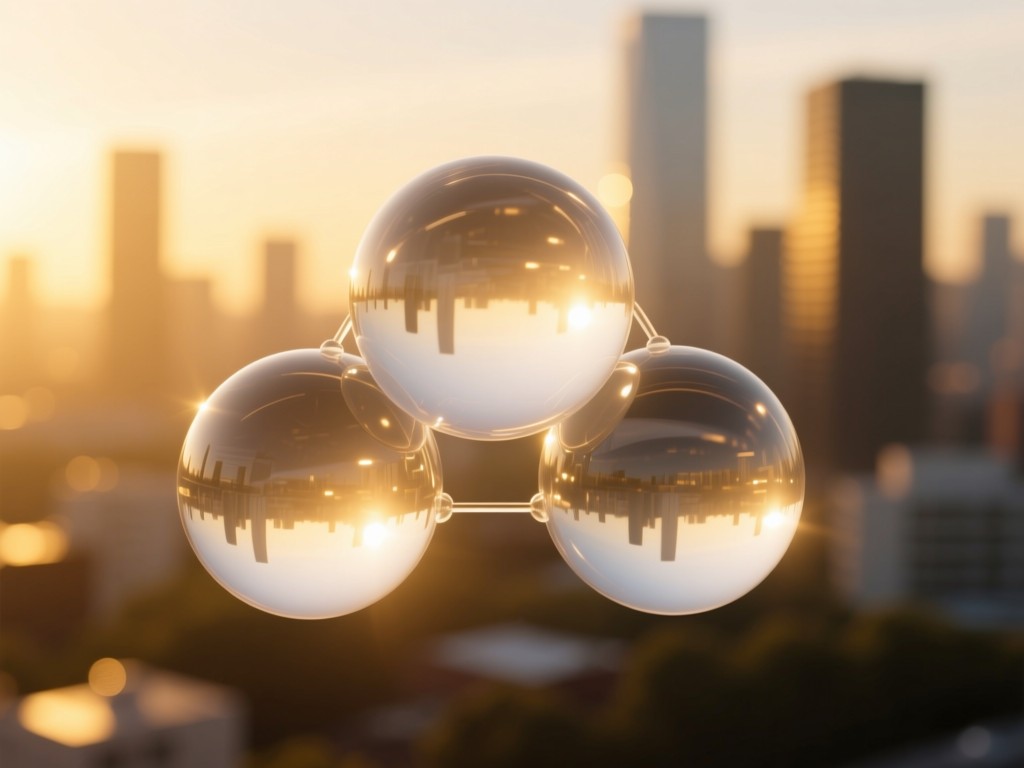 Three interconnected transparent spheres floating in golden hour light against a blurred cityscape, representing platform integration, soft glow effects, minimalist design, no people or text.