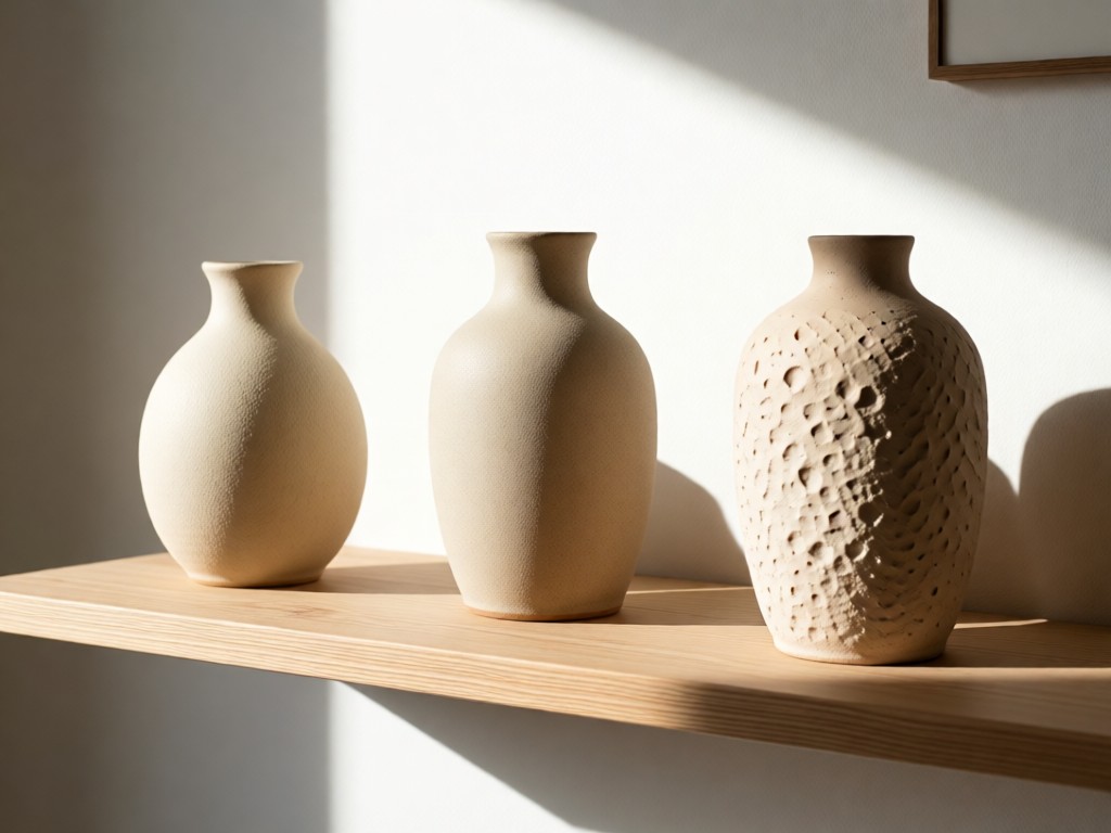 Minimalist shelf displaying three simple ceramic vases at different stages of completion. Soft daylight highlights textures. No people.