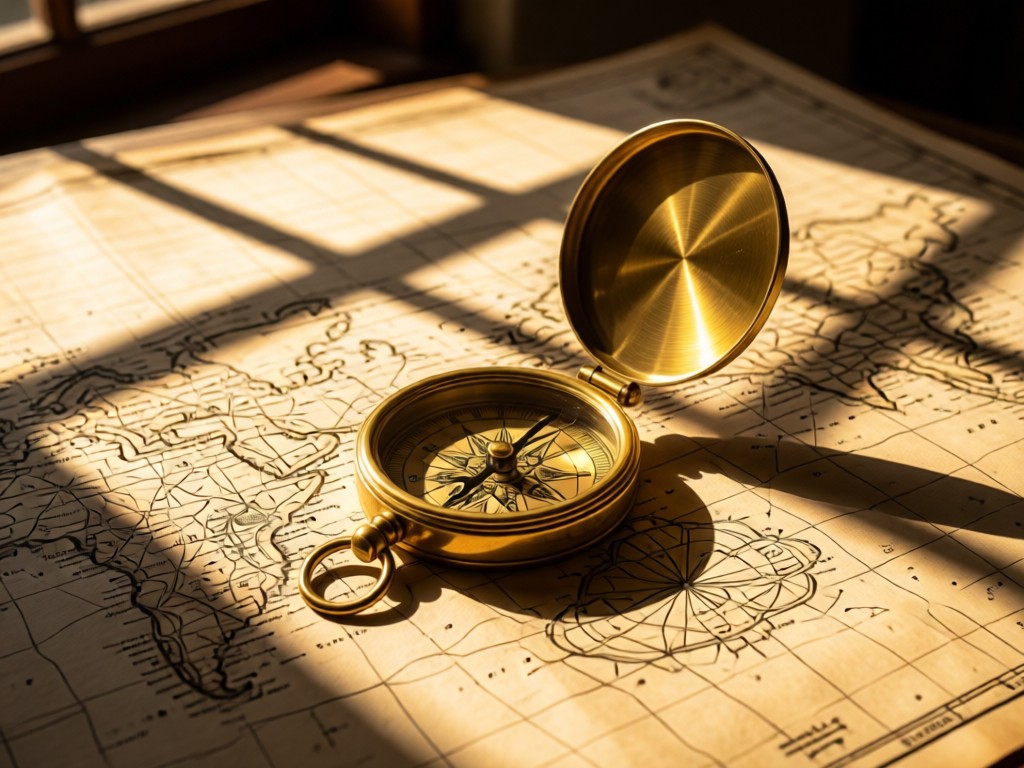 A vintage-style brass compass resting on an open paper map. Sunlight streams through a window, casting warm geometric shadows. Focus on navigation tools. No people.