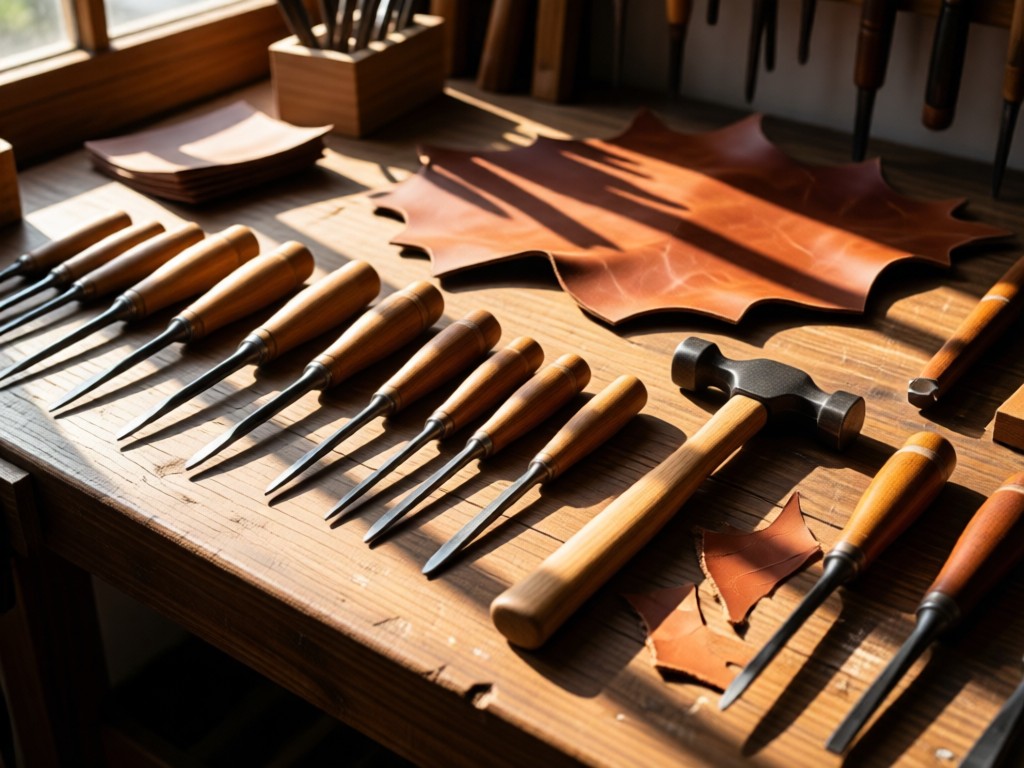 Artisan tools arranged neatly on a workbench: awl, hammer, leather scraps. Soft directional light casting long shadows.
