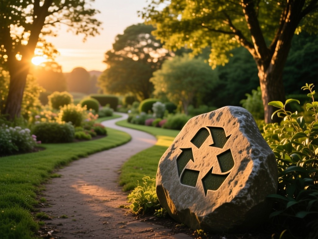 Winding garden path through sunlit trees at dusk, recycling symbol subtly etched on a stone, warm glow symbolizing community discovery, natural greens and golds.