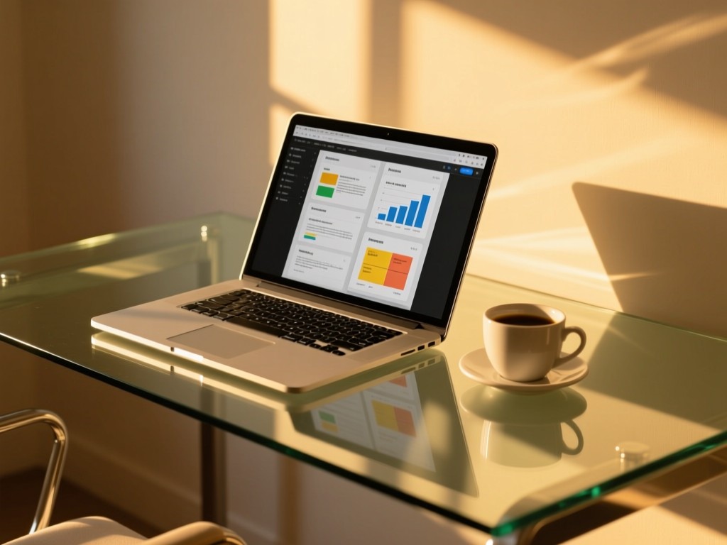 A sleek glass desk at golden hour displaying an open laptop showing organized research documents, sunlight reflecting off a minimalist coffee cup, soft shadows, warm tones, no visible text.