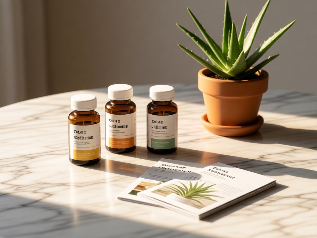 Minimalist arrangement of three OTC bottles and wellness brochures on a marble surface. Morning light highlights labels. A small potted aloe vera plant in background. No people.