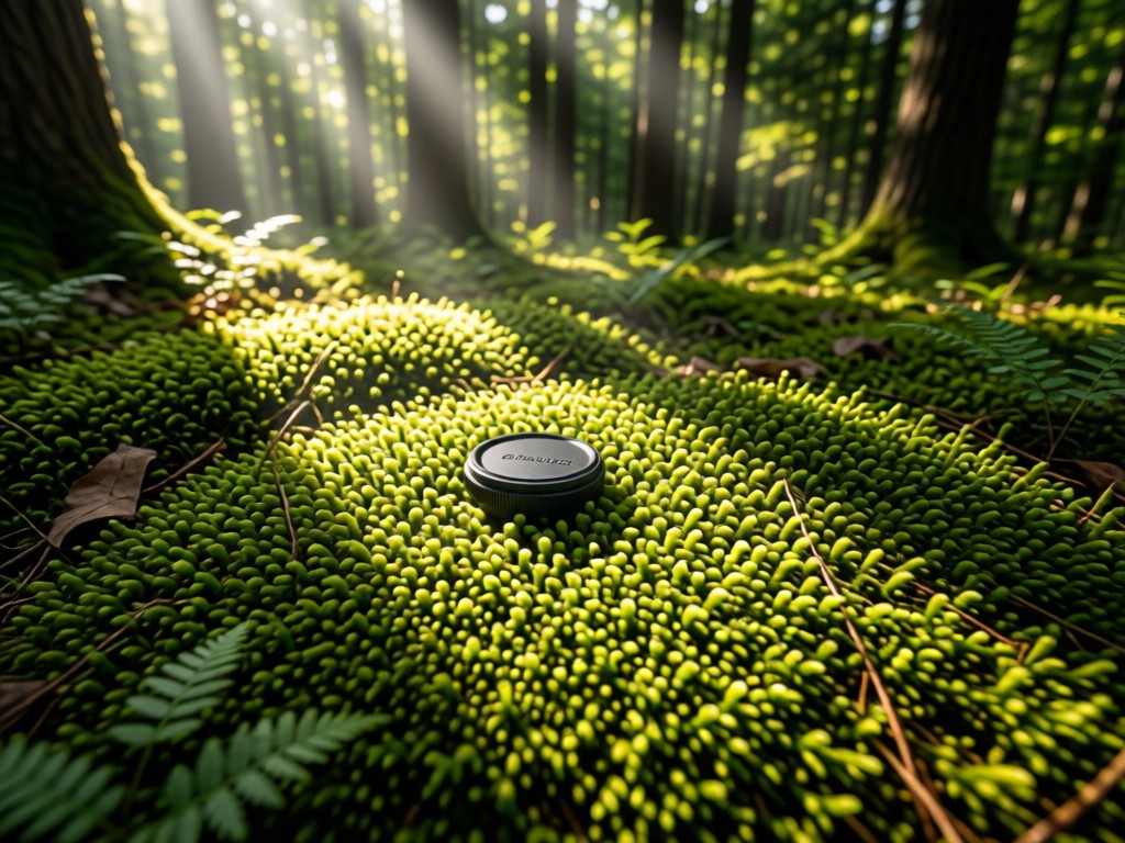 Aerial view of a single lens cap centered on a mossy forest floor. Sunlight filters through trees creating natural spotlight effect. Symbolizes focus and simplicity.