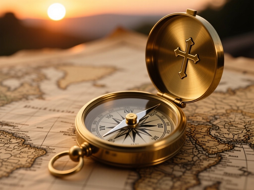 Vintage brass compass on an antique map during sunset, north needle pointing toward a subtle cross symbol, warm metallic glows, shallow focus, parchment textures.