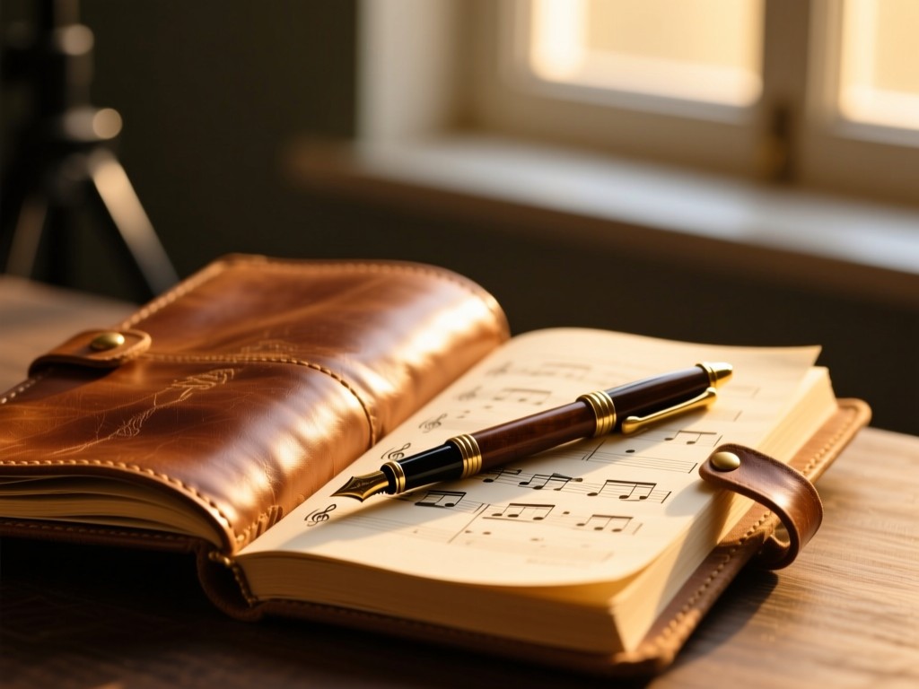 An open leather-bound journal with a vintage pen resting on sheet music, golden hour light streaming through a studio window, shallow focus, warm tones, creative atmosphere, no text visible.