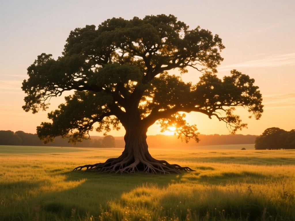 A strong oak tree in an open meadow at sunset, deep roots and wide branches symbolizing growth and stability, golden hour lighting casting long shadows, vibrant natural colors, no people.