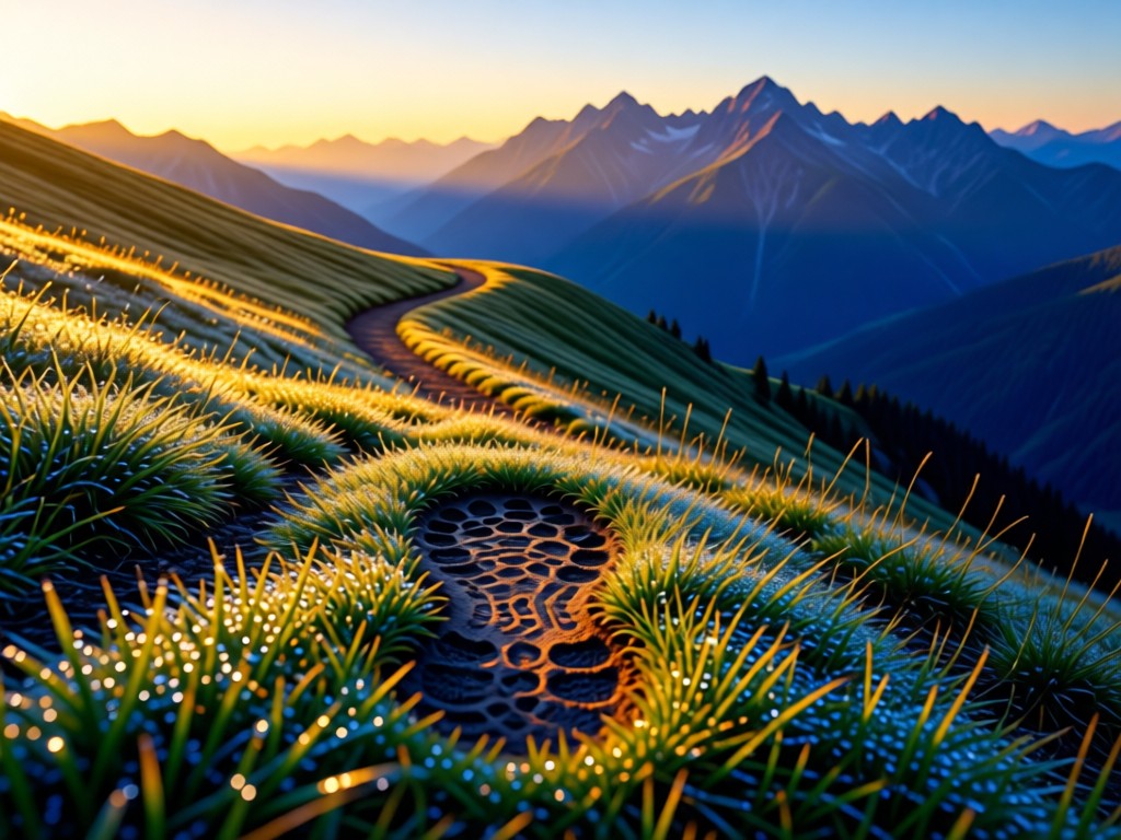 A single hiking boot print in dewy alpine grass at sunrise. The trail curves toward distant mountain peaks. Symbolizes leaving a professional digital footprint. Soft gold light with deep blue shadows. No people.