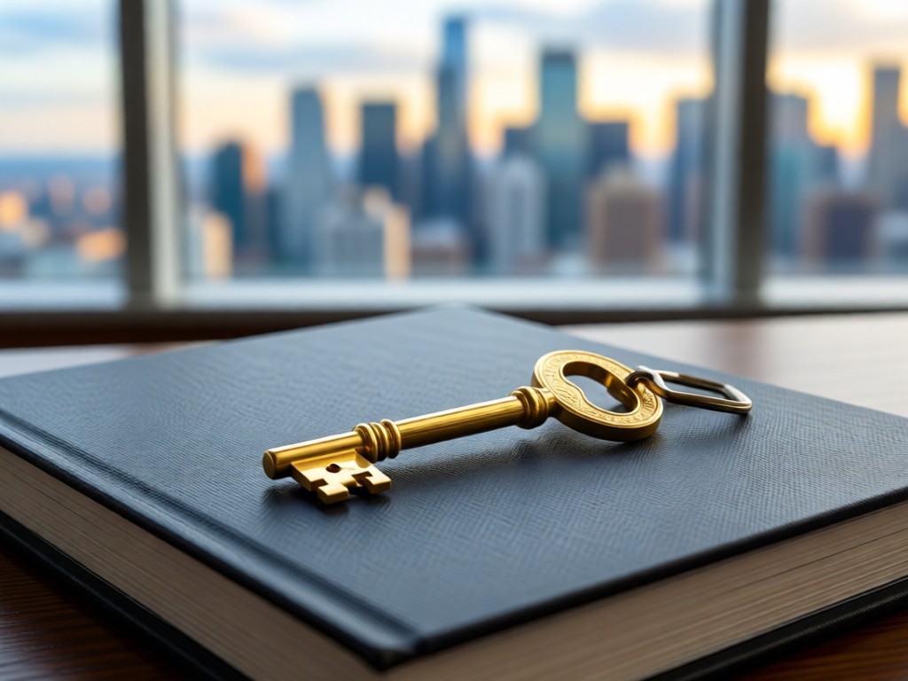 A single precision-crafted gold key resting on a slate gray business journal. Shallow depth of field blurs a city skyline through an office window. Symbolizes access and premium solutions.