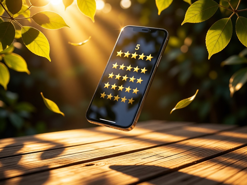 A smartphone floating mid-air displaying 5-star reviews. Golden light filters through leaves onto a rustic wooden surface below. No people.