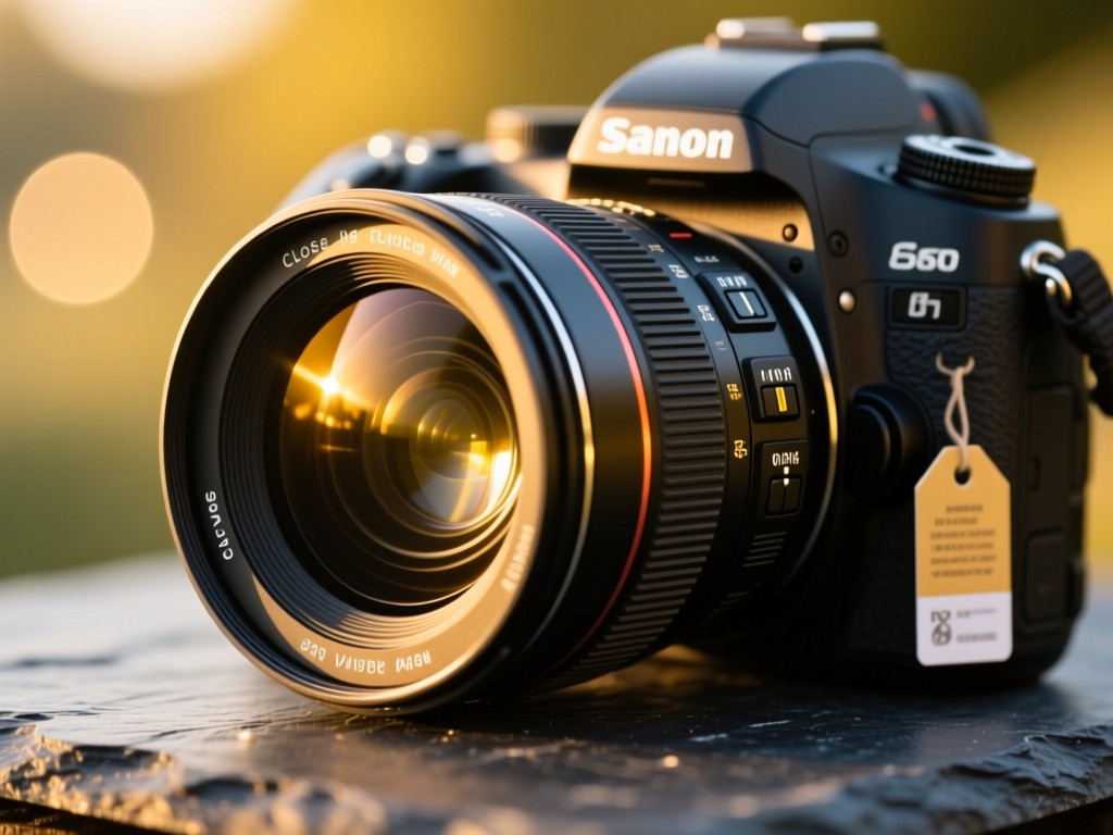 Close-up of a polished camera lens reflecting golden sunlight on a slate surface. Equipment tags visible in soft focus. Warm bokeh in background. No people.
