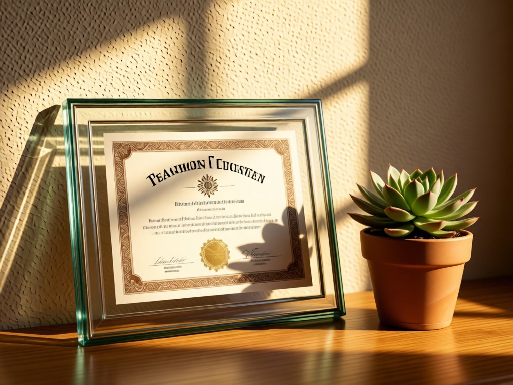 An elegant glass frame displaying a teaching certificate beside a potted succulent. Warm sunlight creates depth on a textured wall. No people.
