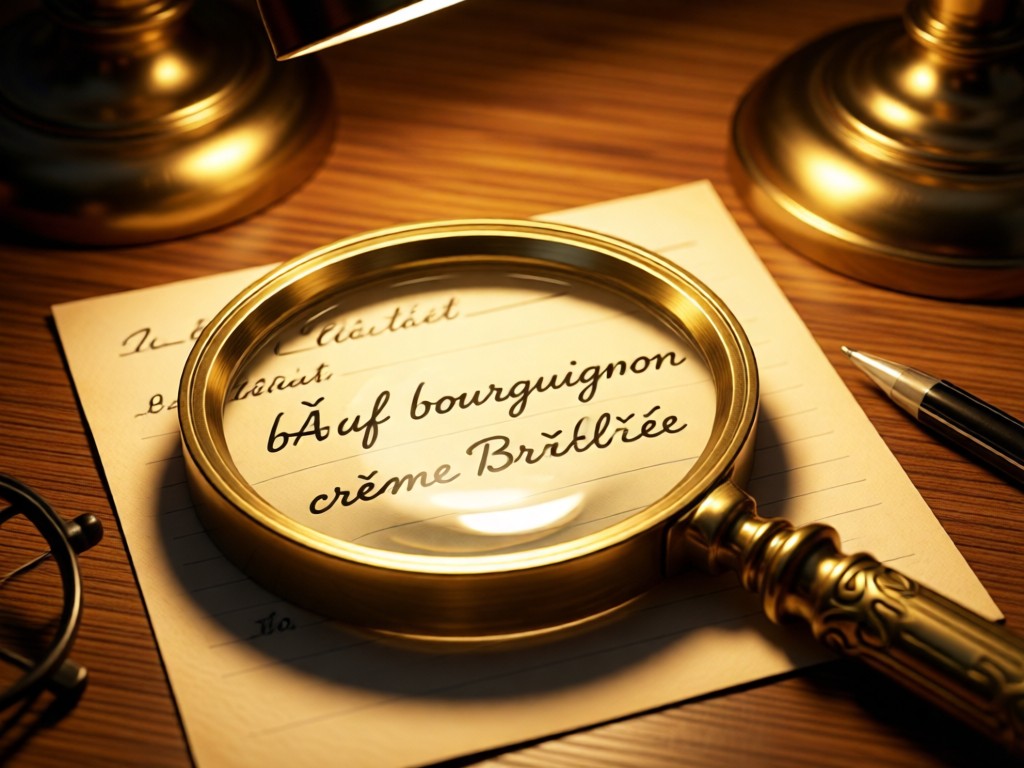 Vintage brass magnifying glass over a handwritten recipe card. Focus on phrases like 'bœuf bourguignon' and 'crème brûlée'. Warm light from a desk lamp creates cozy shadows. No people.