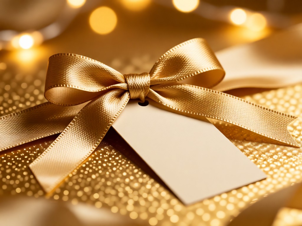 Elegant silk ribbon tied around a minimalist product tag. Soft focus background with warm bokeh lights. Natural textures and golden tones. No people.