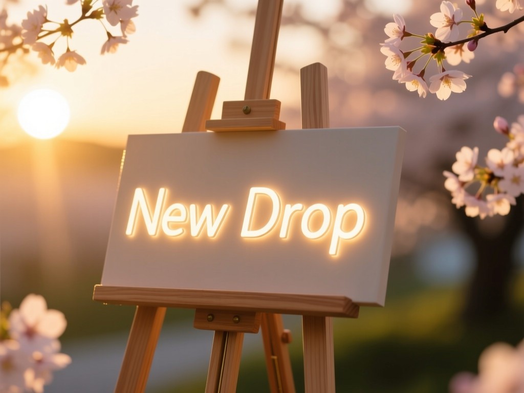 A minimalist wooden easel holding a glowing 'New Drop' sign during golden hour, soft bokeh background of cherry blossoms, warm sunlight casting long shadows, no text visible.