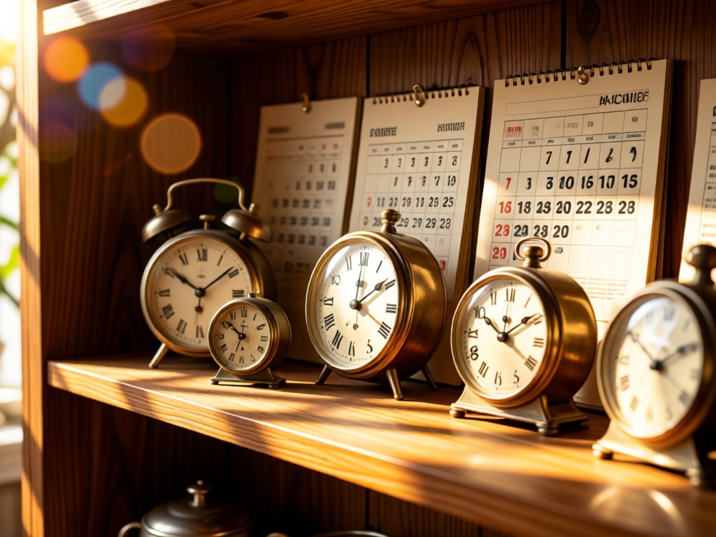 Artistic arrangement of vintage kitchen timers and calendar pages on a sunlit wooden shelf. Warm bokeh highlights create depth.