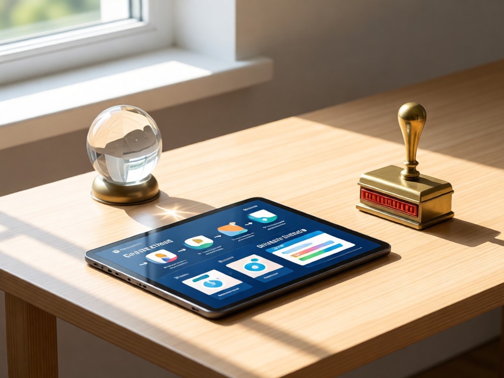 Minimalist desk with tablet showing step-by-step payment infographic. A crystal paperweight rests beside vintage brass check stamp. Soft window light creates clean shadows. Focus on organized financial tools.