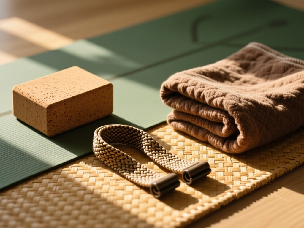 A flat lay of yoga props: cork block, woven strap, and folded blanket arranged on a rattan mat. Soft golden hour lighting creates warm shadows. Earthy color palette with muted greens and browns. No people.