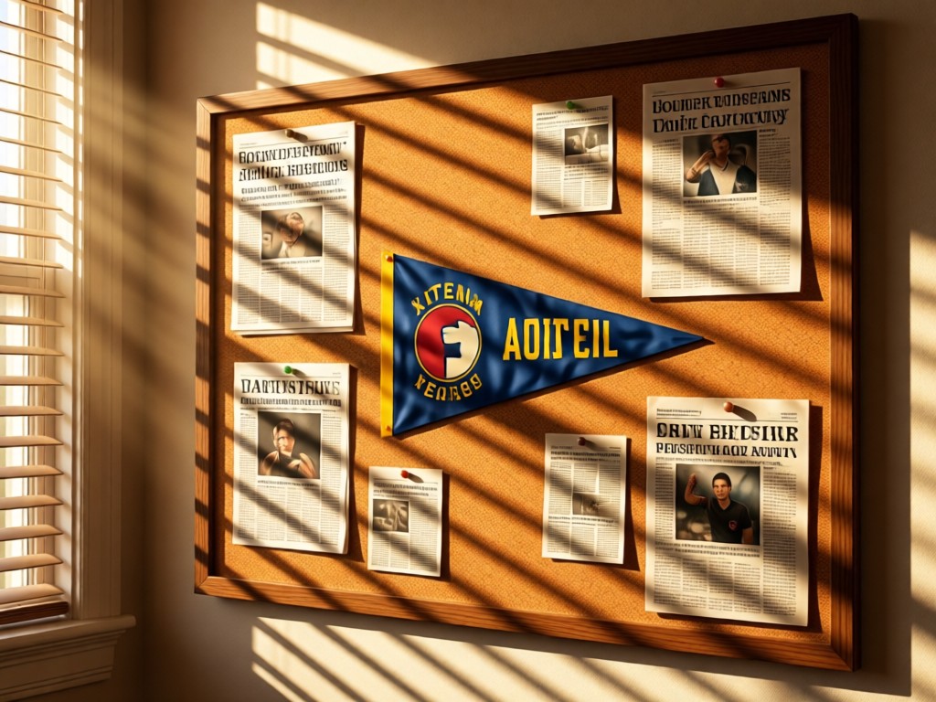 A corkboard with pinned newspaper clippings and a team pennant. Warm light streams through nearby blinds, creating striped shadows. No people.