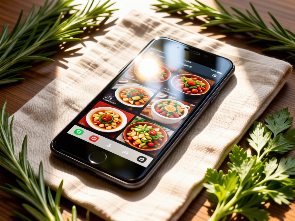 Smartphone resting on a linen napkin displaying a vibrant recipe gallery. Sunlight reflects on the screen. Surrounding fresh herbs add natural accents. No people.