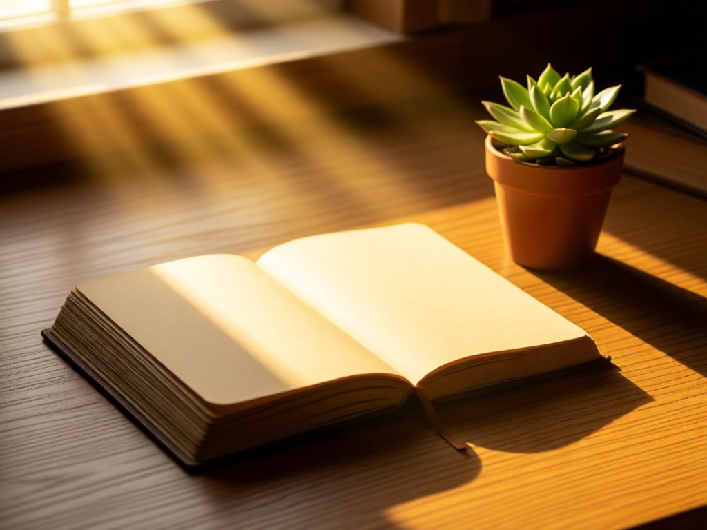 A single open journal with blank pages beside a small potted succulent. Golden light streams across the desk. Symbolizes storytelling and safety. No people.