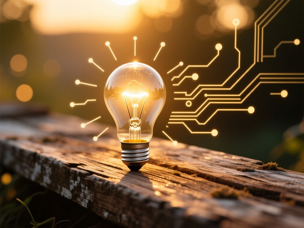 A single lightbulb glowing intensely on a weathered wooden plank during golden hour, surrounded by subtle digital circuit patterns, symbolizing ideas and solutions, warm bokeh background, no people.