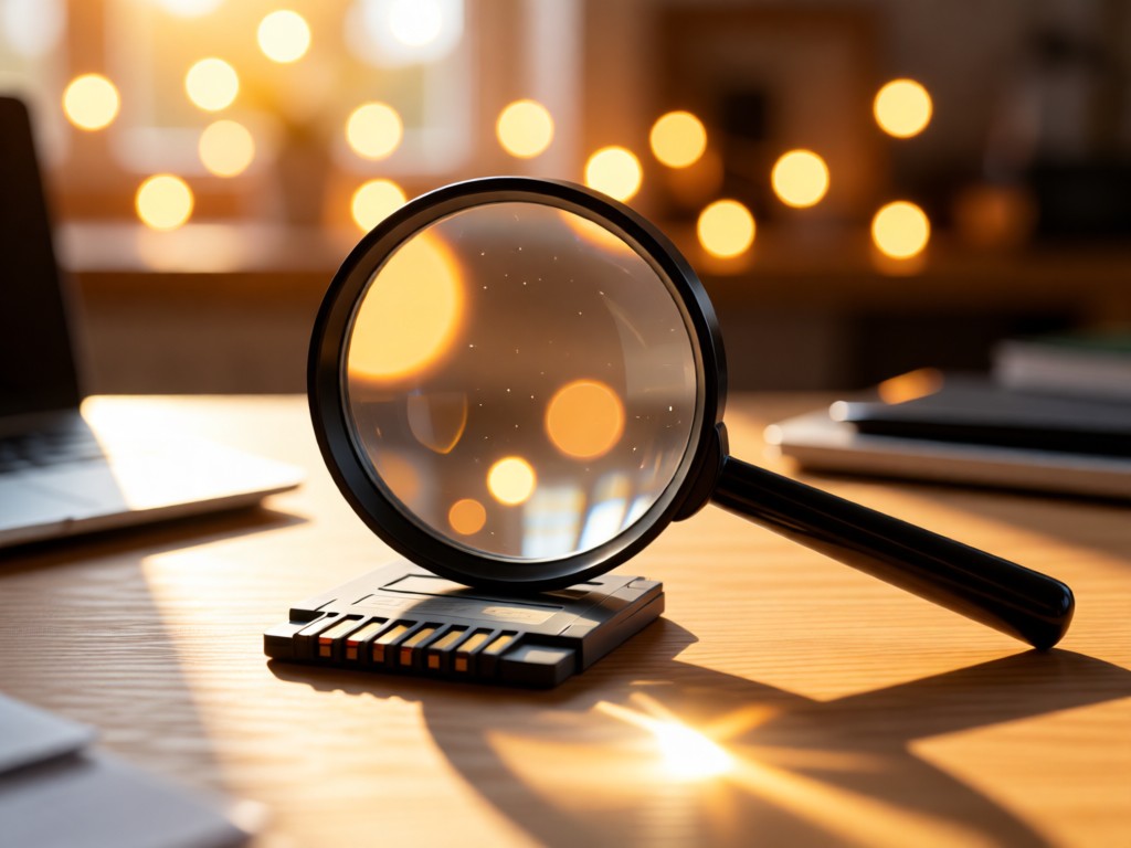 A magnifying glass over a 3DS cartridge on a sunlit desk. Warm bokeh lights in background suggest discovery. Clean composition with breathing room. No people.