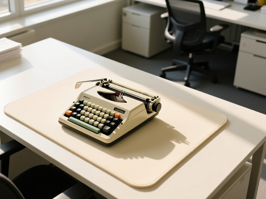An aerial view of a vintage calculator centered on a clean, cream-colored desk mat in an open sunlit office. Represents precision and clarity. No people.
