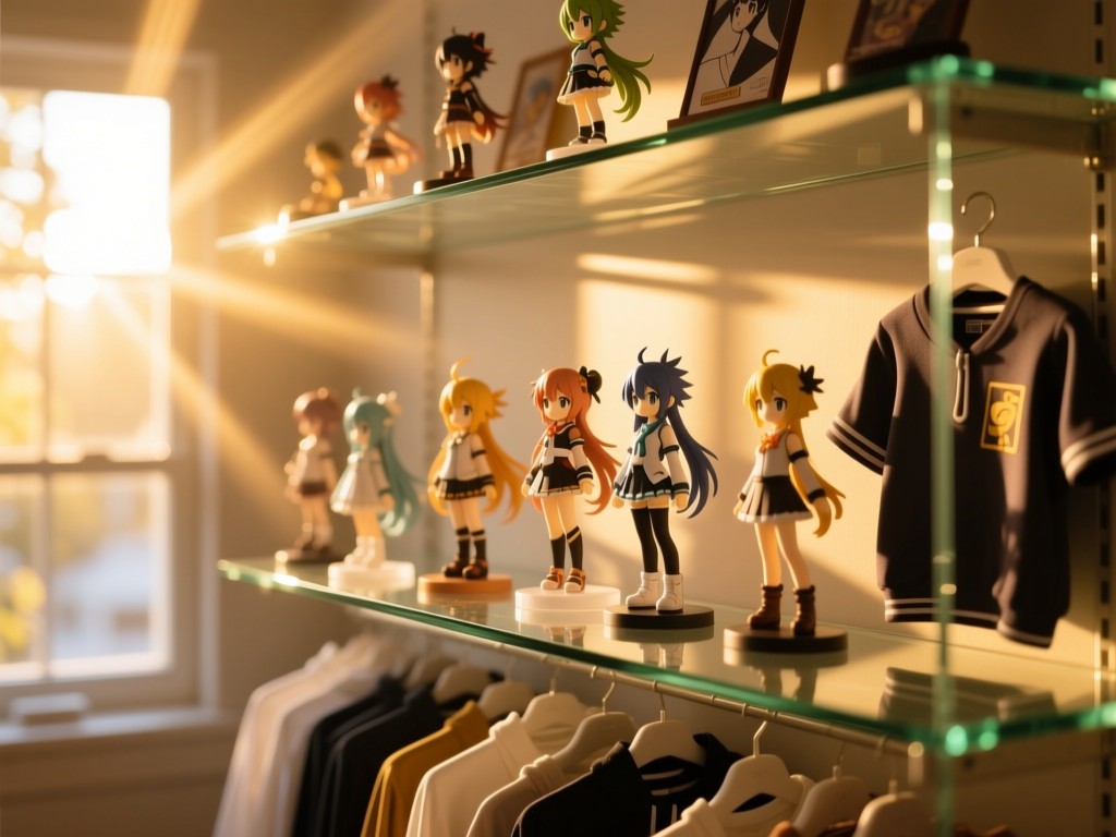 A glass display shelf bathed in golden hour light, showcasing anime figures and apparel neatly arranged, soft focus background with sun rays filtering through a window, warm natural tones, shallow depth of field, no people.