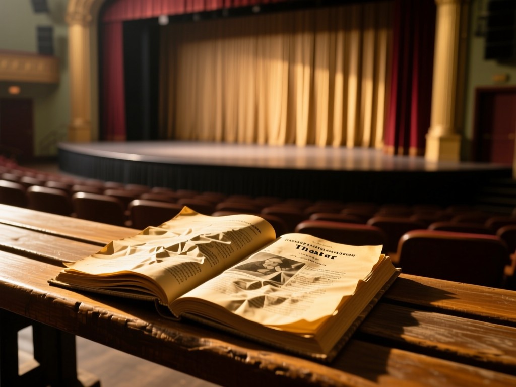 A weathered theater program open on a wooden bench. Golden sunlight highlights creased pages. Out-of-focus stage curtains in background. Nostalgic atmosphere. No people.