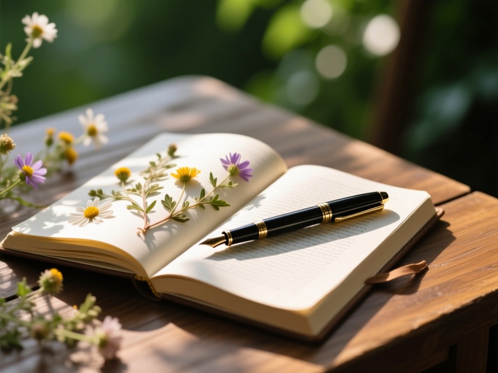 An open journal on a wooden table with pressed wildflowers and a fountain pen. Sunlight creates soft shadows across the textured paper. Blurred greenery in background. No people.