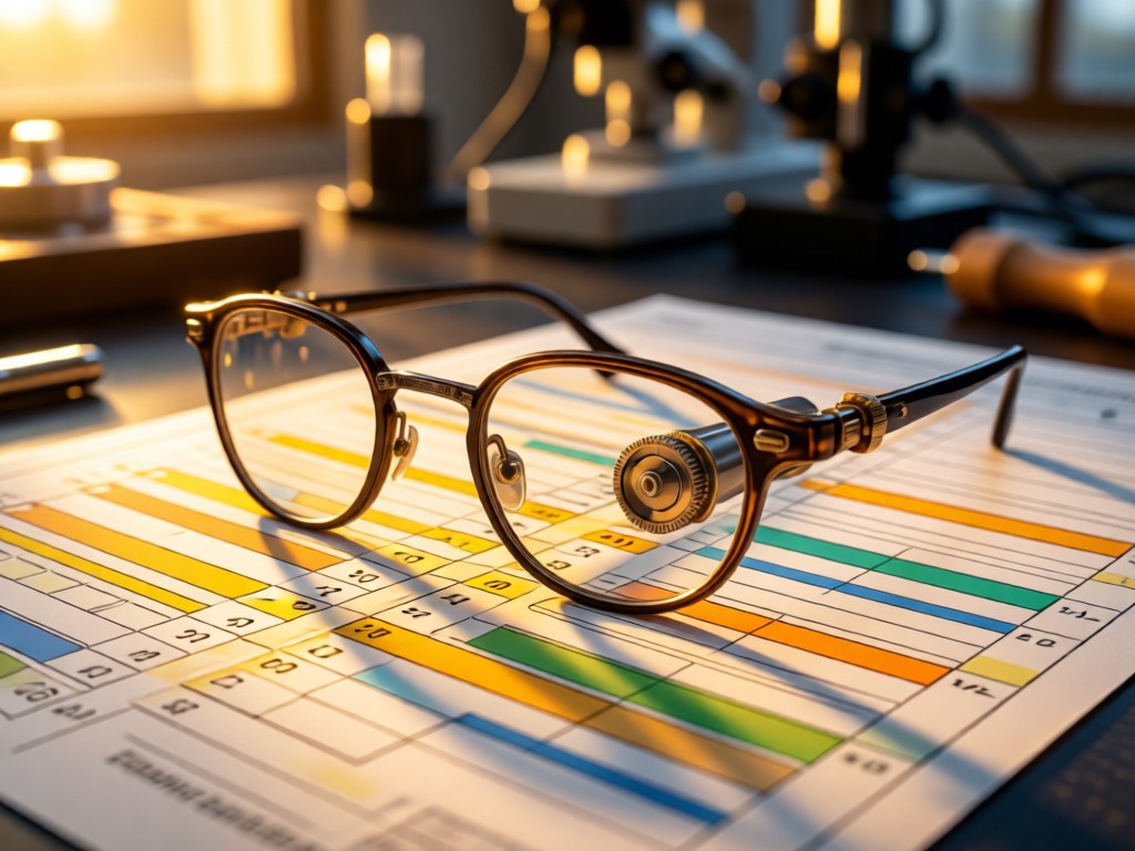 Aerial view of precision-crafted eyeglasses on optical measurement chart. Golden hour light emphasizes intricate details. Symbolizes accuracy and craftsmanship. Blurred lab equipment in background. No people.