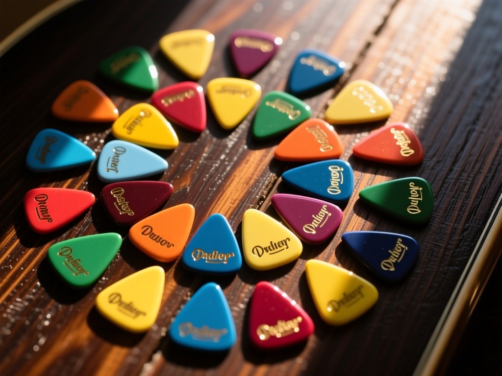 Overhead shot of colorful guitar picks arranged in a sunburst pattern on dark wood. Morning light creates warm reflections. No people.