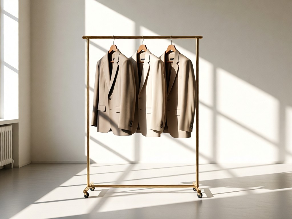 An elegant clothing rack with three tailored blazers in neutral tones, isolated in a sunlit studio space. Soft shadows emphasize clean lines. Symbolizes curated professionalism. No people.