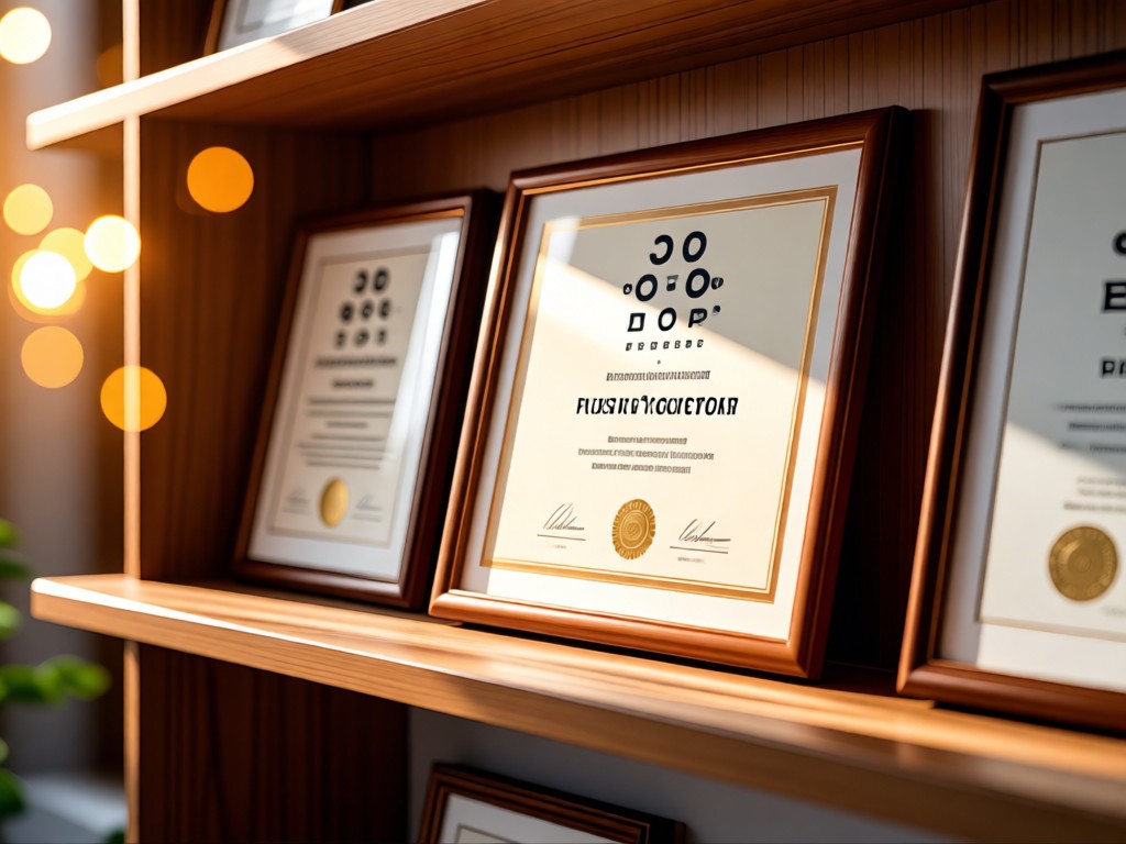 Sunlight illuminating framed optometry diplomas on a wooden shelf. Warm bokeh in background. Clean, professional aesthetic. No people.
