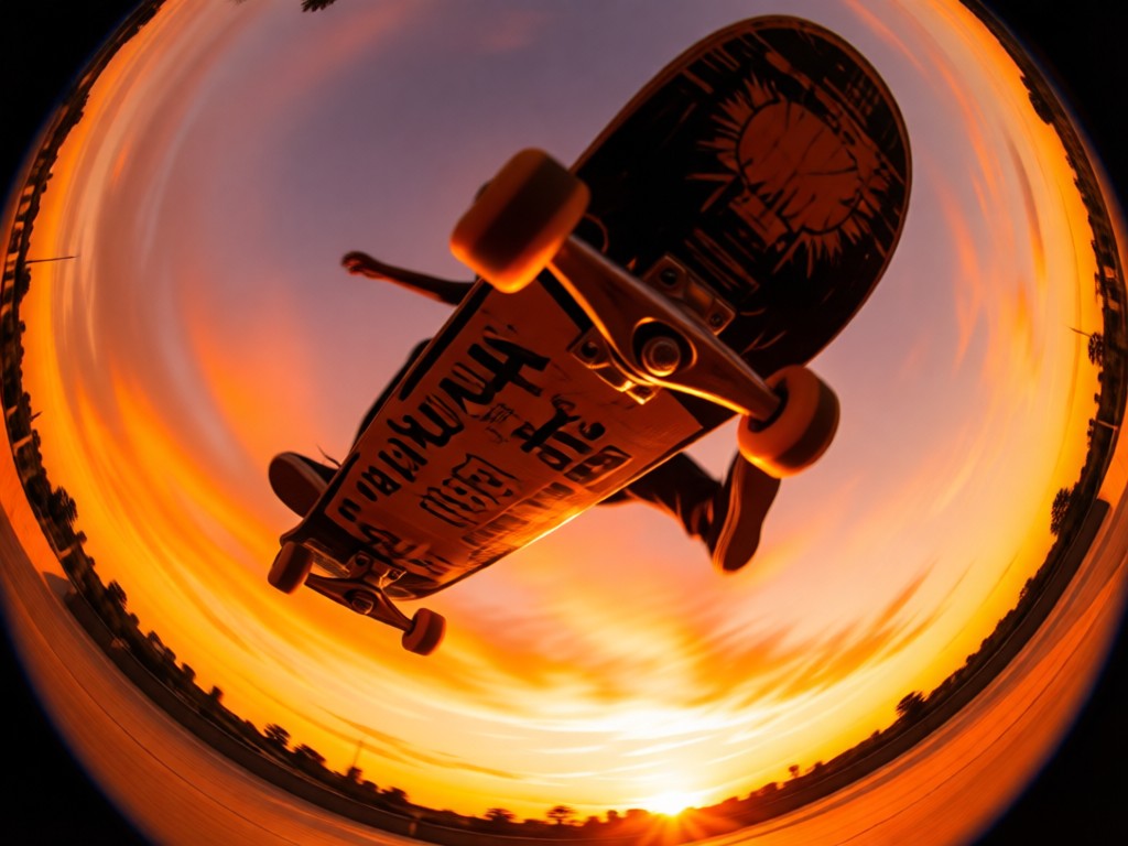 A fisheye lens view of a skateboard mid-air against a sunset sky. Deck bottom visible, wheels spinning. Warm orange light fills the frame. No people.