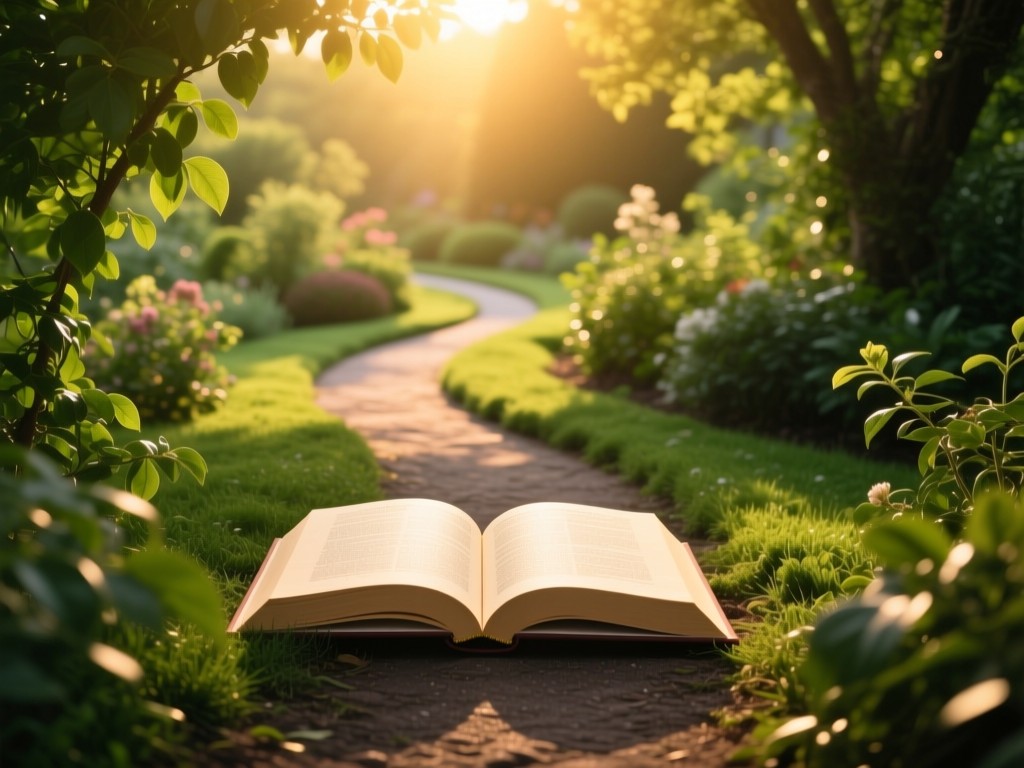 A winding garden path leading to an open book under golden hour light, symbolic of educational discovery, vibrant greens and warm tones, soft shadows, no visible text.