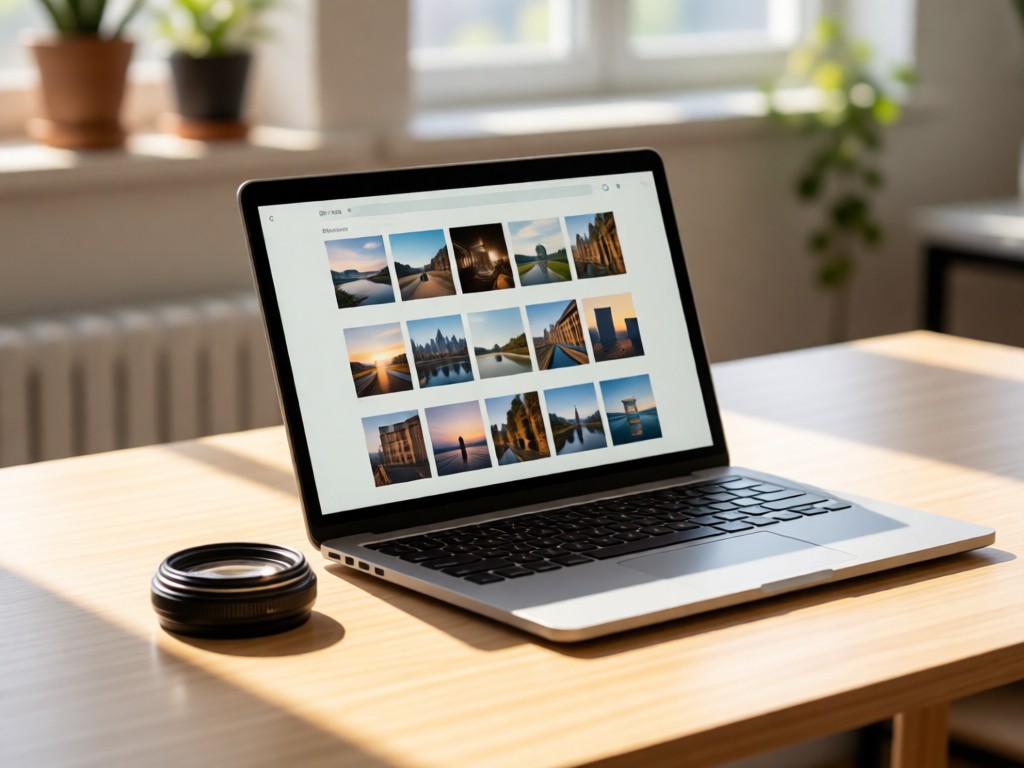 A minimalist desk with an open laptop showing a clean photo grid interface. A vintage lens cap beside it catches morning light. Soft focus background. No people.