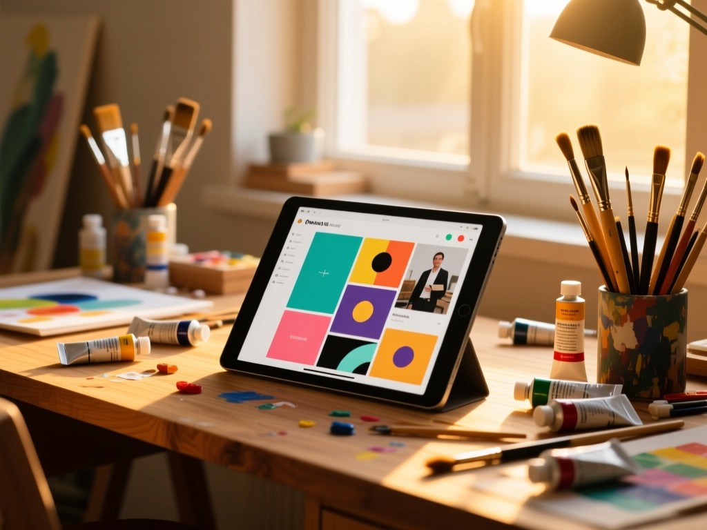 An artist's wooden desk at golden hour with scattered paint tubes and brushes framing a tablet showing a vibrant digital portfolio, warm sunlight streaming through a window, soft shadows, minimalist composition.