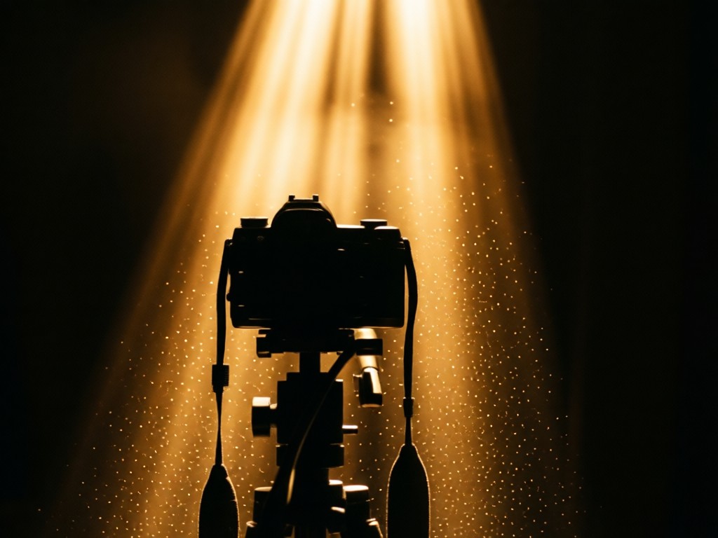 A minimalist film camera focused on a stage spotlight. Golden hour beams cut through darkness. Dust particles visible in light shafts. Atmospheric and artistic. No people.
