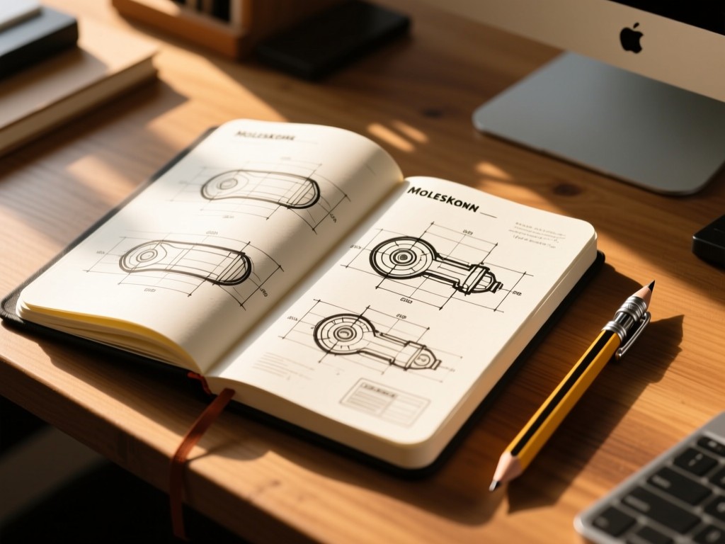 An open Moleskine notebook with tech schematics sketches beside a mechanical pencil on a wooden desk, warm sunlight highlighting paper texture, creative workspace atmosphere.